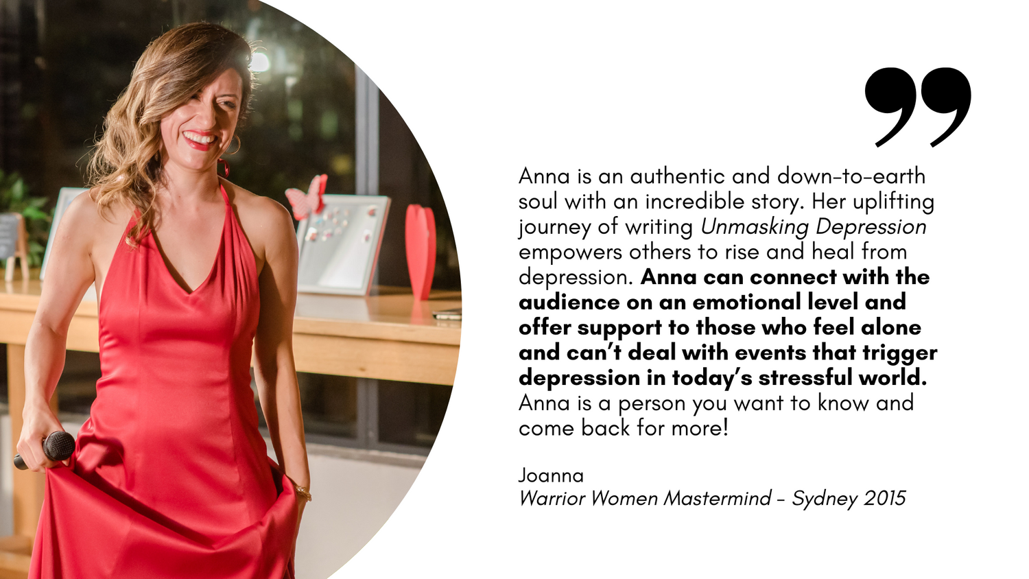 Joanna shares her review of Anna Krjatian's speech at the "Warrior Women Mastermind" event in Sydney. In the image Anna is holding up her red gown and a microphone in one hand, smiling at the audience.
