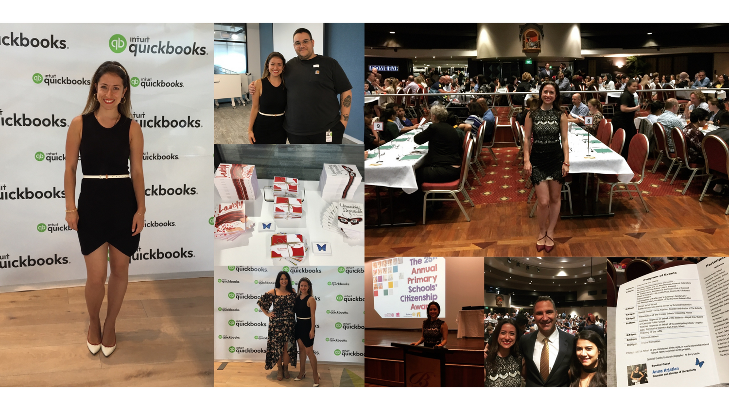 Photo collage of Anna Krjatian standing in front of a backdrop with "Intuit Quickbooks" at the IWD 2018 event. Second photo collage of a big room - town hall in Burwood - where Anna spoke for a Rotary event