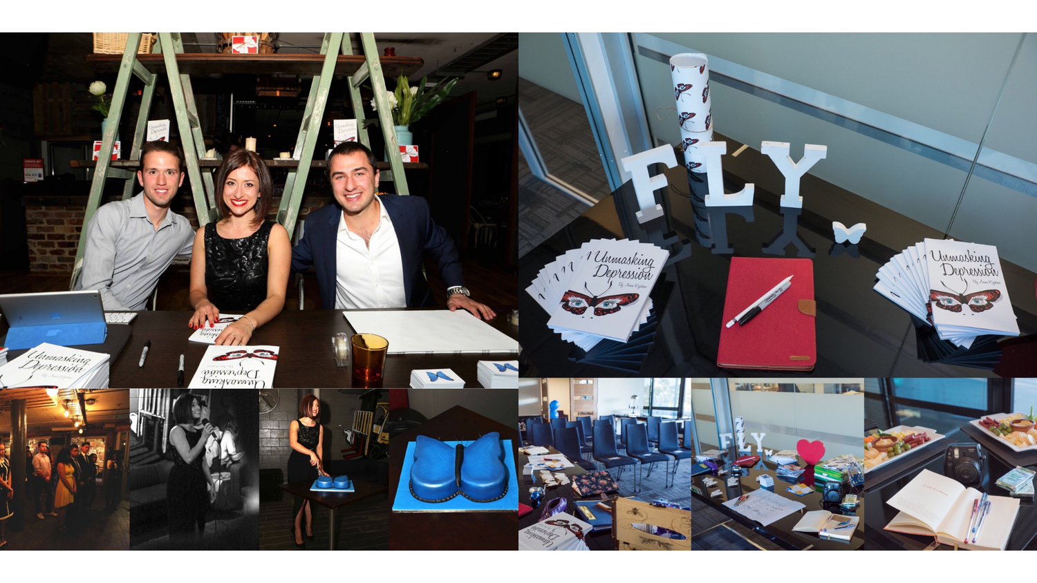 Two photo collages, the first are a few photos from Anna Krjatian's first book launch for "Unmasking Depression" in 2015 and the second is the set up for the Mental Health Week event in 2016.