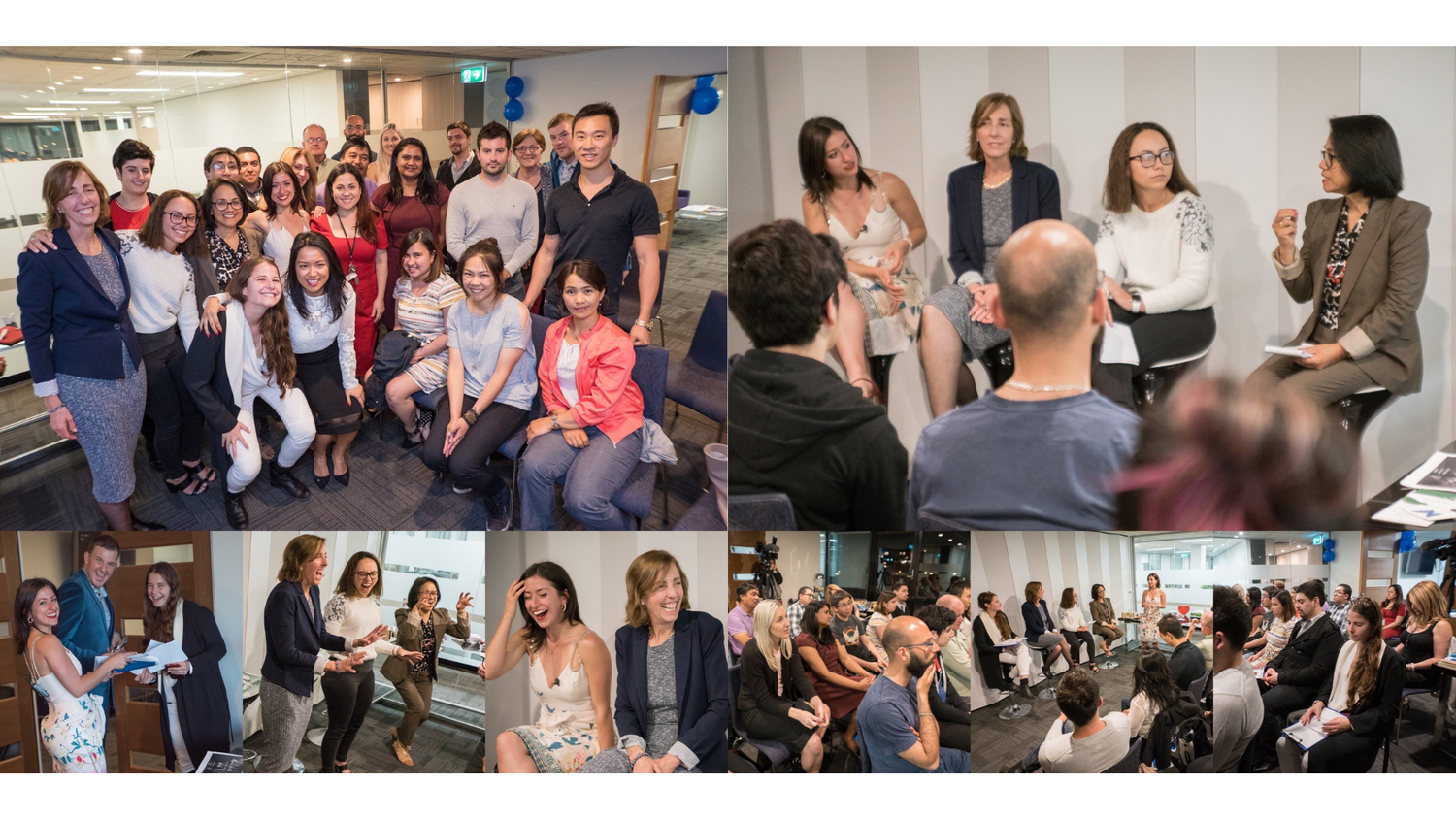 Photo collage of the Mental Health Week event Anna Krjatian organised in 2016 with panelists, audience members and a group photo.
