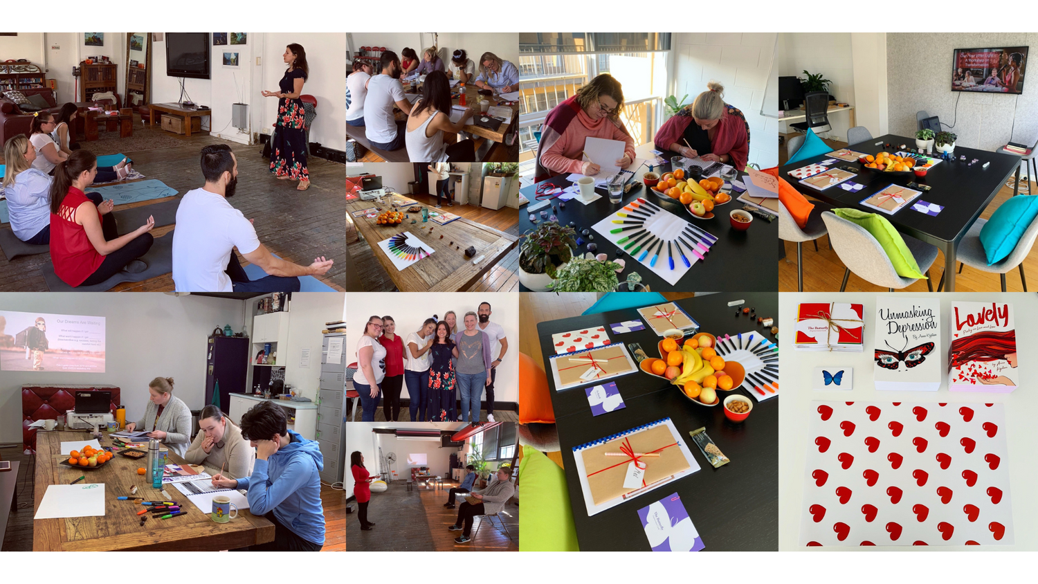Photo collages of people sitting on the floor meditating for the Goddess Rising Workshop, sitting at a table working and group photos after the event and the table set up before hand.