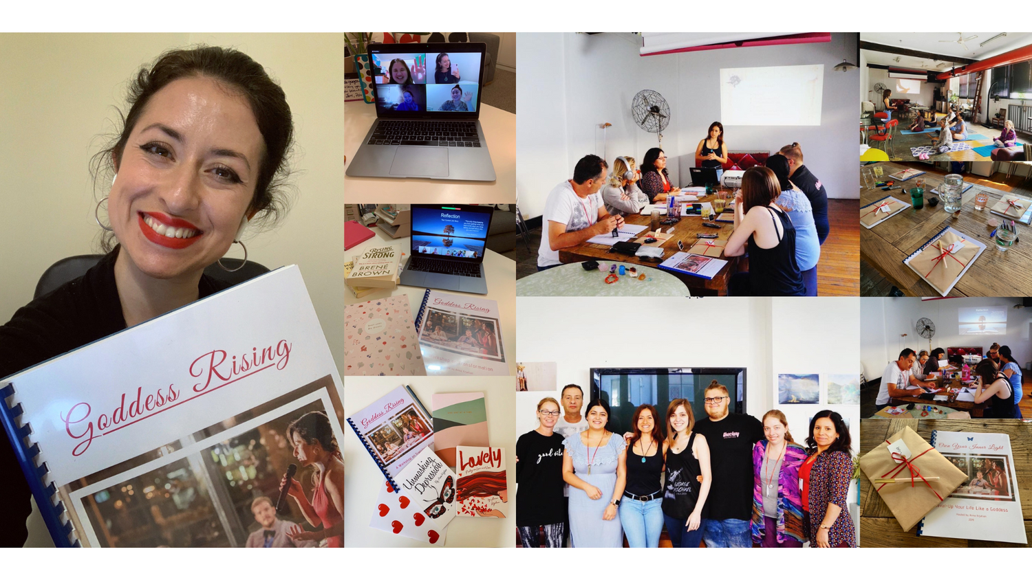 Two photo collages, in the first Anna Krjatian is holding a bound booklet that says "Goddess Rising" and a few selfies of people smiling on zoom. The second is a few group photos in a room with people sitting around a table, and sitting to work.