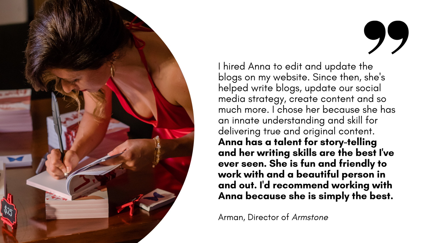 Arman, Director of Armstone, reviews Anna Krjatian's copywriting work. Image of Anna signing a book at the Lovely book launch even in Sydney Harbour.