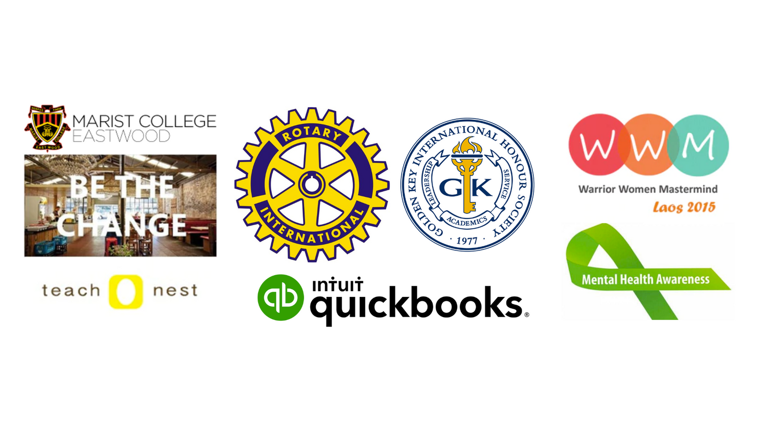 Logos where Anna Krjatian has attended to provide a keynote speech. These include: Marist College Eastwood, Be The Change Event, TeachNest, Rotaract, Golden Key International Honour Society, Quickbooks, Warrior Women's Mastermind, Mental Health Week Event