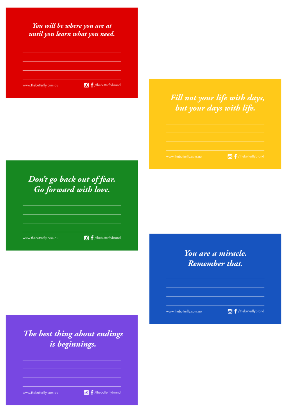 Red, Yellow, Green, Blue and Violet cards with quotes from "Unmasking Depression" on each of them. 