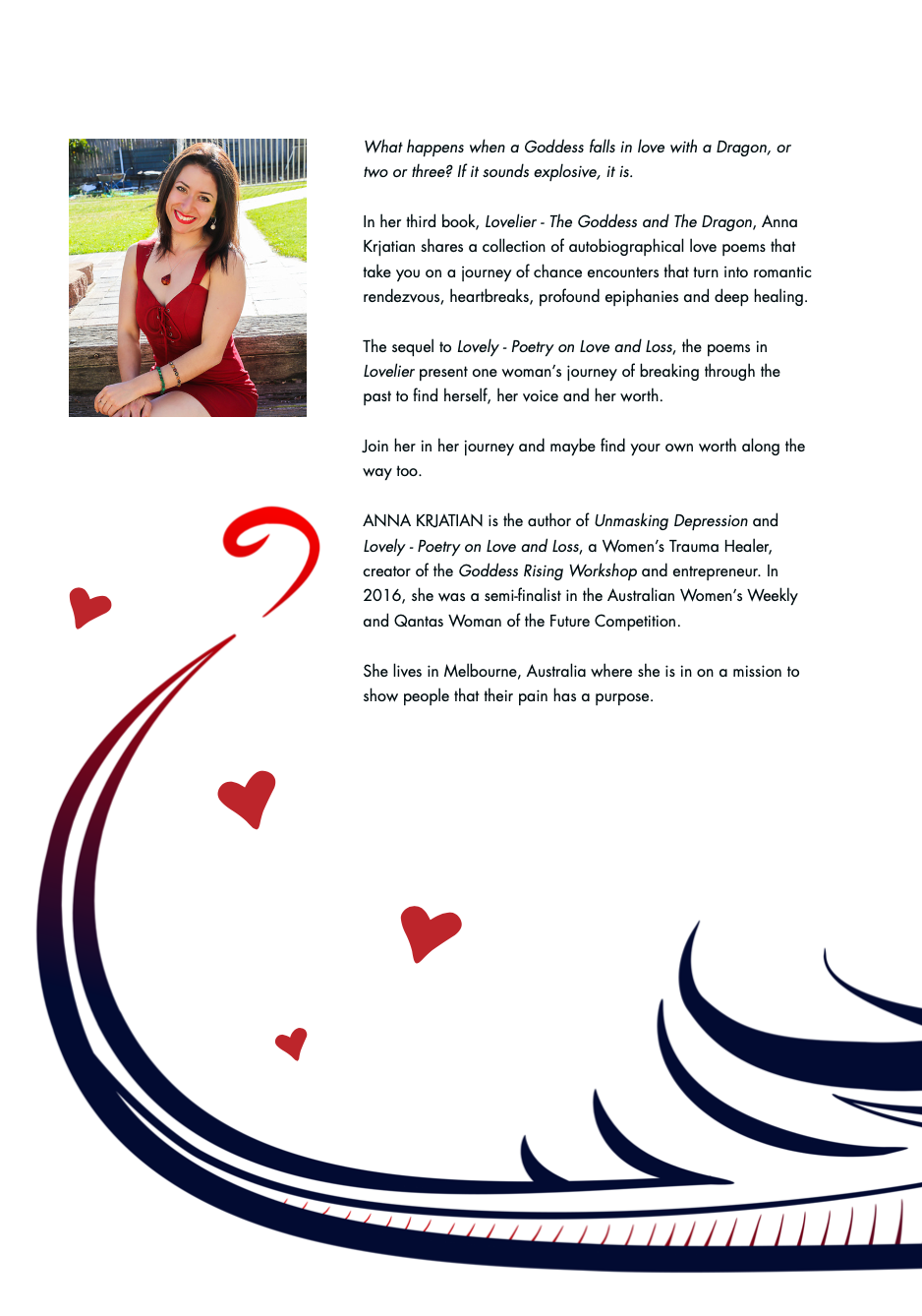 The back cover of "Lovelier - The Goddess and The Dragon". The dragon's tail curls up towards the book blurb and photo of Anna Krjatian in a red dress, smiling at the camera.