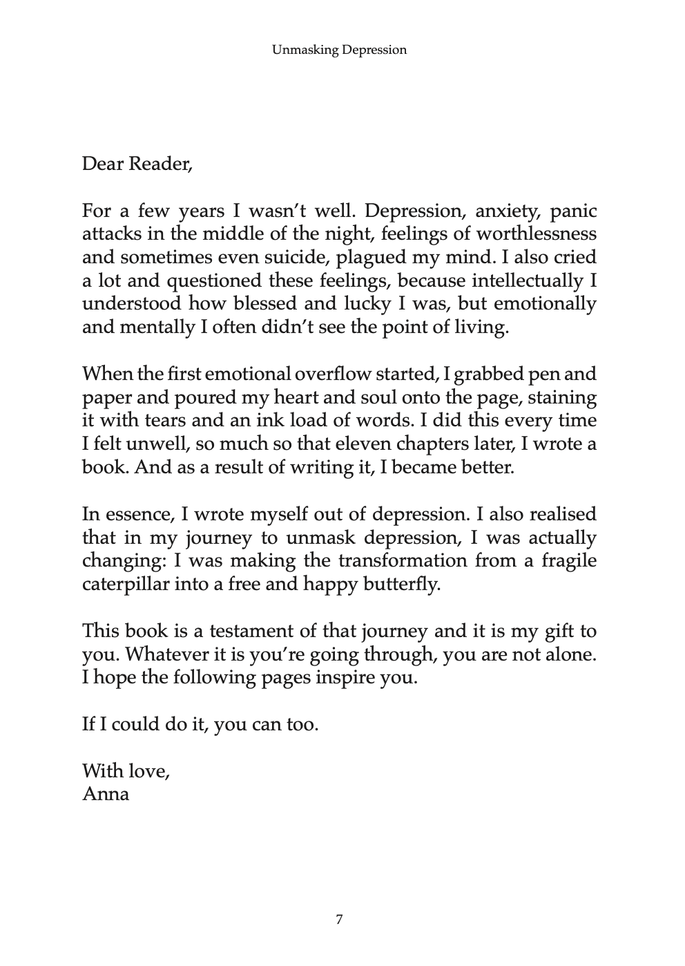 Author note from Anna Krjatian in the book "Unmasking Depression."
