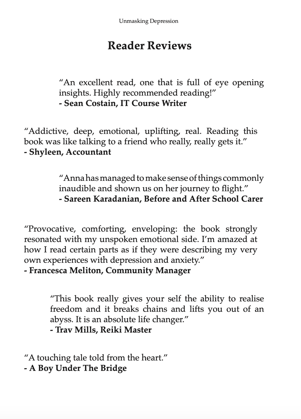 Reader reviews from the inside of "Unmasking Depression".