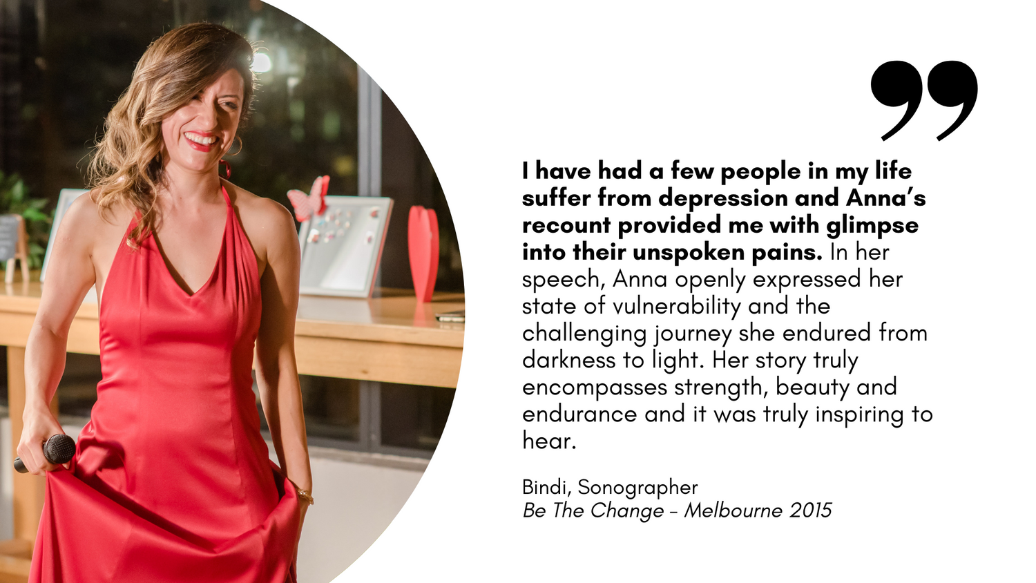 Bindi shares her review of Anna Krjatian's speech at the "Be The Change" event in Melbourne. In the image Anna is holding up her red gown and a microphone in one hand, smiling at the audience.
