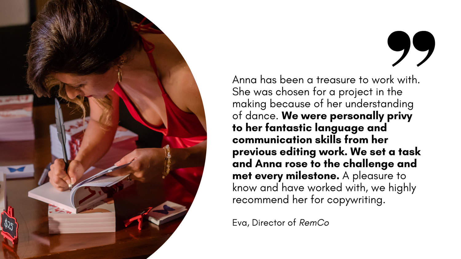 Eva, Director of RemCo, reviews Anna Krjatian's copywriting work.  Image of Anna signing a book at the Lovely book launch even in Sydney Harbour.