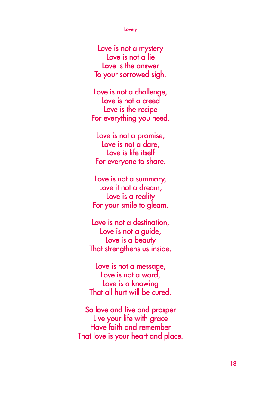 Poem from the book "Lovely - Poetry on Love and Loss". Fuchsia pink text on a white background.