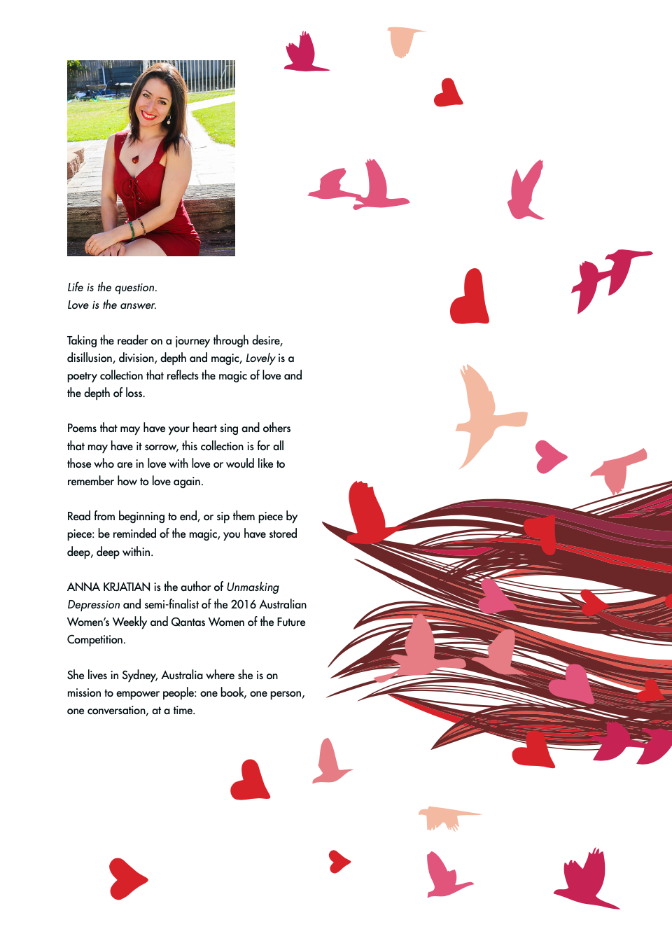 The back book cover for "Lovely - Poetry on Love and Loss" with the end of the girl's hair blowing across the page and the hearts and birds flying towards the book blurb and Anna's headshot as she sits smiling at the camera, wearing a red dress.