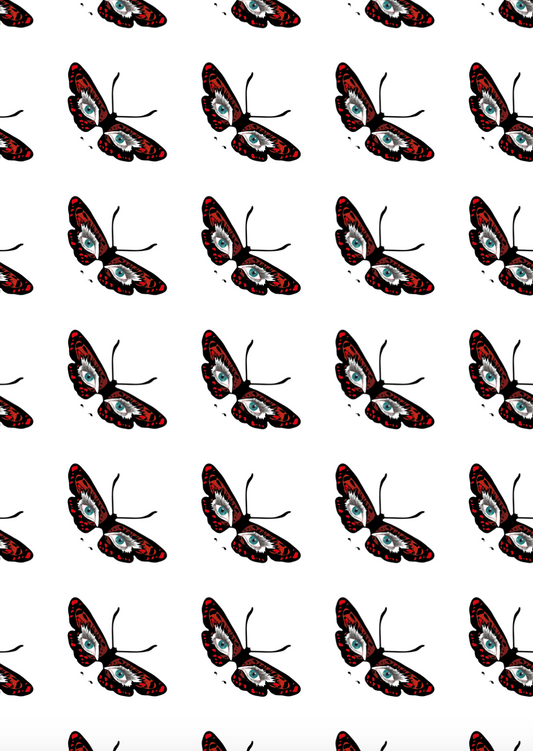 The Butterfly Wrapping Paper: white page with bright blue eyes in a red butterfly mask dispersed throughout the page.